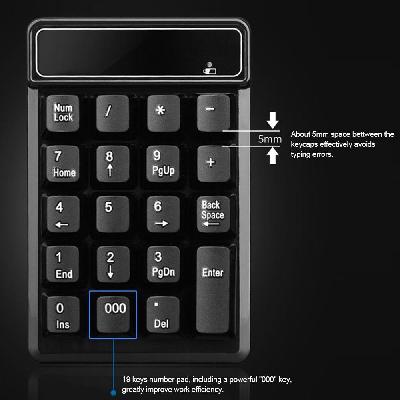2.4Ghz 数字键盘 薄膜 类似机械手感 悬浮键帽 带“000”键 19键 （不带电池出货）